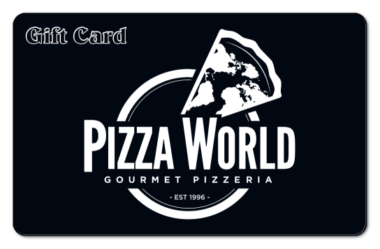 pizza world white pizza slice logo on a black background